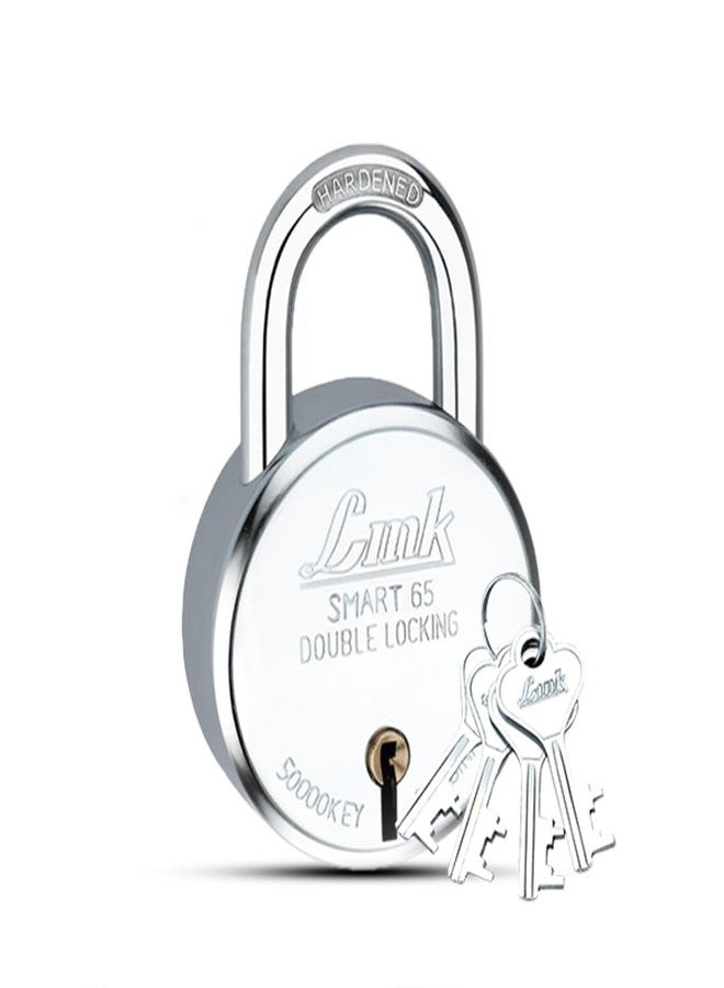 Link Smart 65mm Round Padlock - 7 Levers, Double Locking, Hardened Shackle, 50,000 Key Combinations, Steel Body, 4 Silver Keys (Silver) - Image 1
